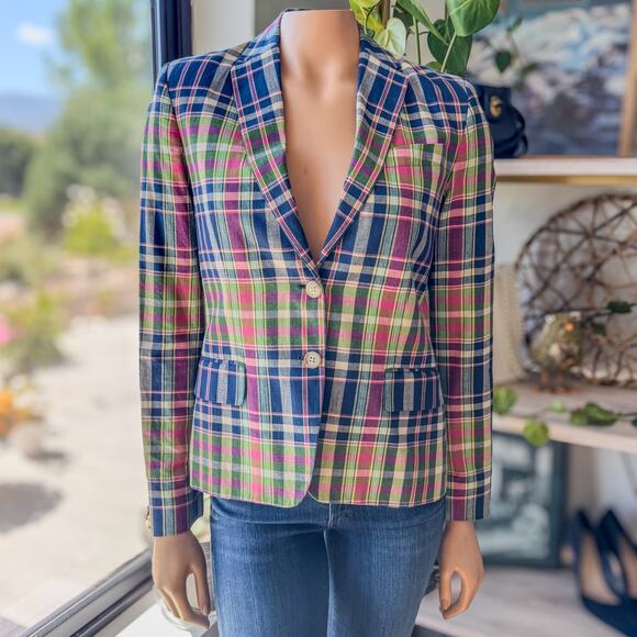 Ralph Lauren Plaid Jacket, Blue Label 100% Cotton w Shoulder Pads, Womens Size 2 - Picture 1 of 10